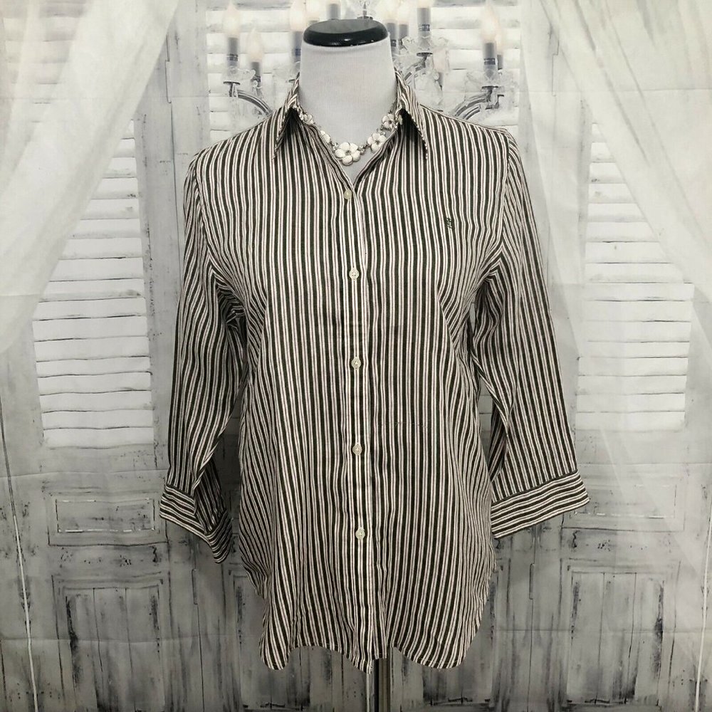 Ralph Lauren Medium 100% Linen Button Shirt Blouse Green Red Striped 3/4 Sleeve